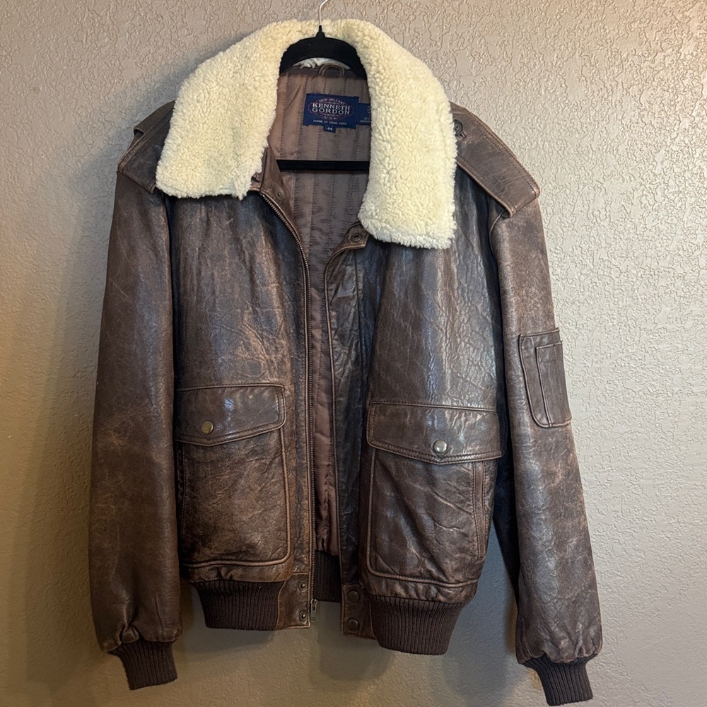 Kenneth Gordon Brown Leather Bomber Jacket with Shearling Collar